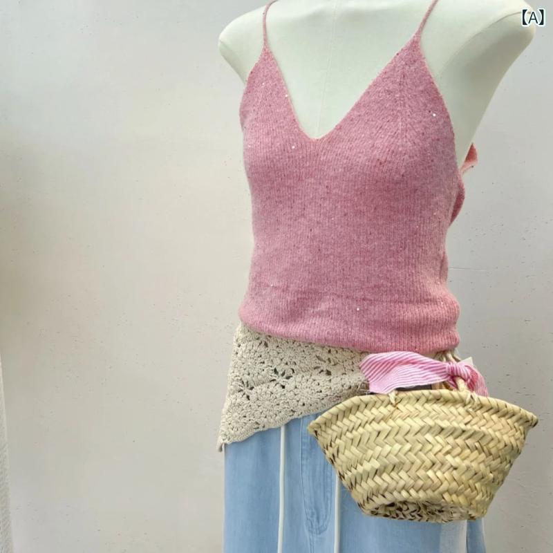 キャミソール レディース 春夏 Vネック ニット スパンコール キラキラ ショート丈 クロップド丈 インナー トップス マカロンカラー ピンク ブルー 純欲風 セクシー 大人かわいい タイト カジュアル