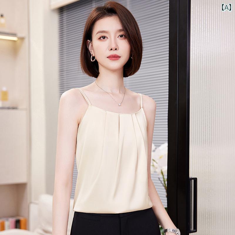 キャミソール レディース 再生繊維 シルクタッチ インナー トップス スリムフィット 高弾力 オフィス カジュアル ビジネス フォーマル スーツ きれいめ エレガント デザイン性 ホワイト ブラック ベージュ ブラウン 春夏