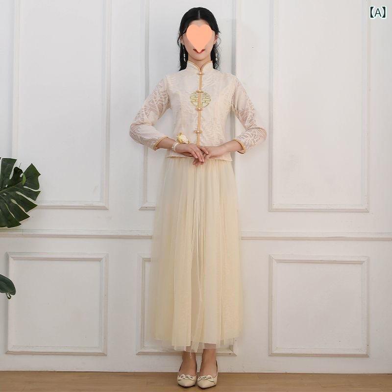ドレス レディース チャイナ風 ゲストドレス 結婚式 お呼ばれ フォーマル ロング丈 長袖 スタンドカラー シンプル エレガント シャンパンカラー オールシーズン 伸縮性素材