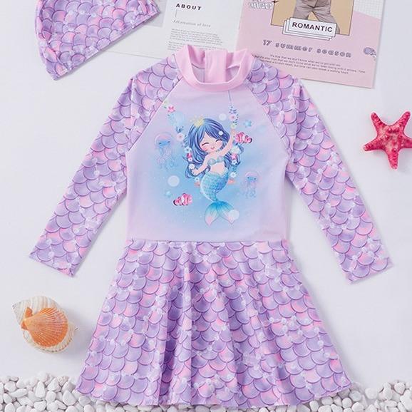 水着 キッズ 女の子 マーメイド プリンセス ワンピース スカート 長袖 UVカット ビーチ プール スイムウェア ポリエステル 速乾 かわいい 春夏(x2)