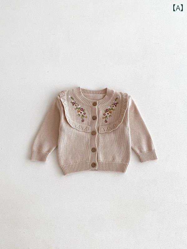 ロンパース 女の子 ベビー カーディガン 吊りロンパース 2点セット 上下セット ニット 刺繍 綿 薄手 かわいい スウィート 春秋 お出かけ 普段使い カジュアル