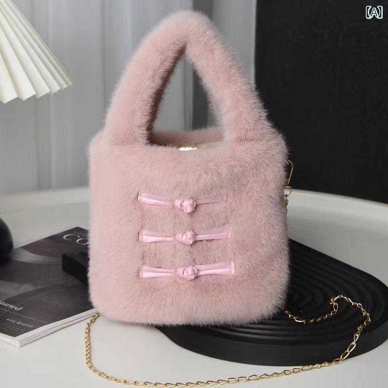 バケットバッグ レディース ハンドバッグ フェイクファー もこもこ 文芸国風 秋冬 高見え おしゃれ デイリーユース マグネット開閉 スマホポケット ピンク系 ベージュ ブラック バンブーハンドル