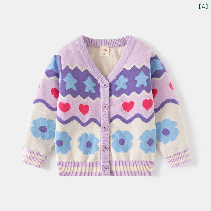 Cardigans - カーディガン キッズ 女の子 秋 綿 ニット Vネック 花柄 ダブルレイヤー 長袖 前開き 普段使い 通園 お出かけ ソフト素材 パープル ピンク