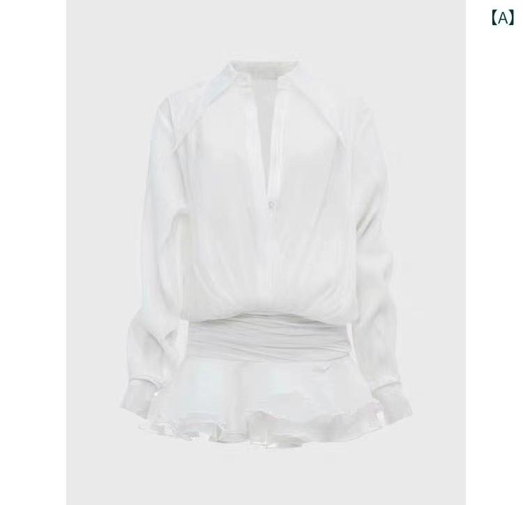 ワンピース レディース ホワイト 白 テンセル 再生繊維 シャツドレス 襟付き 長袖 春夏 前開き ウエストマーク リボン ティアード フリル ミニ丈 カジュアル ストリート