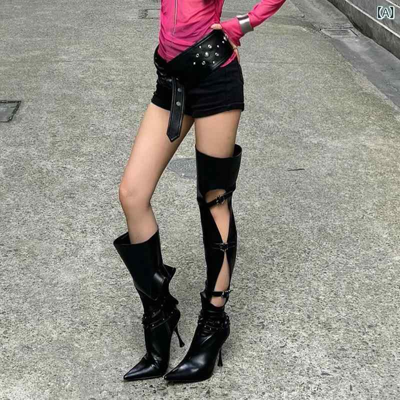 サンダルブーツ レディース ブラック ポインテッドトゥ ハイヒール ピンヒール ロング丈 パンチング ベルト バックル 編み上げ ライディングブーツ調 フェイクレザー お出かけ 普段使い