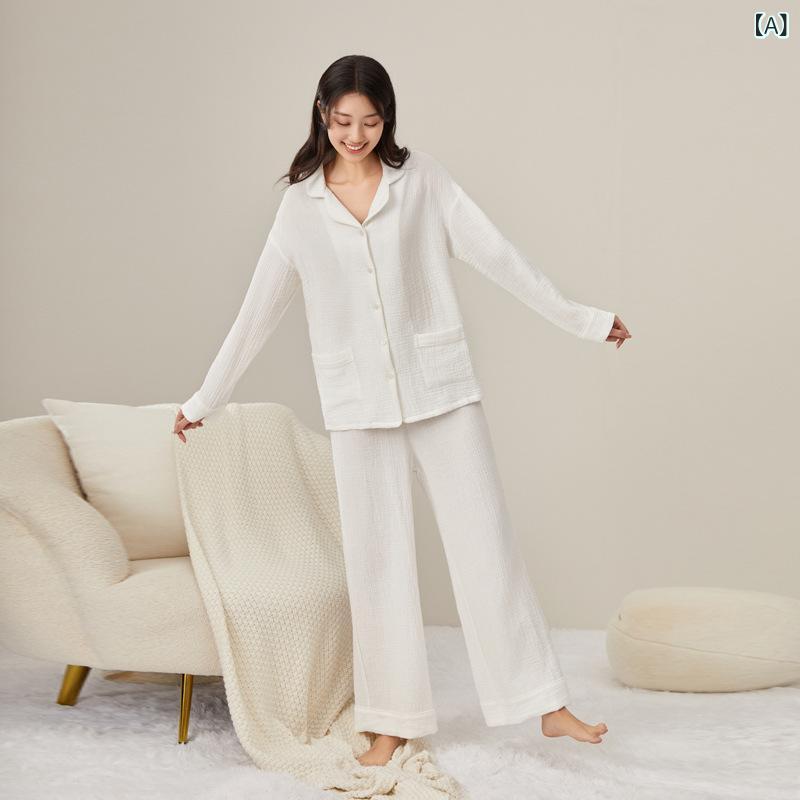 パジャマ レディース 女性用 綿100% ダブルガーゼ 前開き 長袖 長ズボン 上下セット ルームウェア 部屋着 ナイトウェア 薄手 快適 吸湿 通気性 肌触り良い 通年