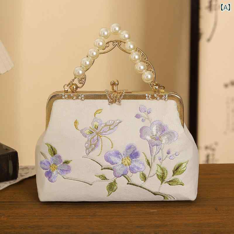 ハンドバッグ レディース チャイナドレス風 レトロ 刺繍 パール メタル 高級感 ミニショルダー スクエア 鞄 パーティー 宴会 フォーマル お呼ばれ 結婚式 二次会 ポリエステル お出かけ デイリーユース