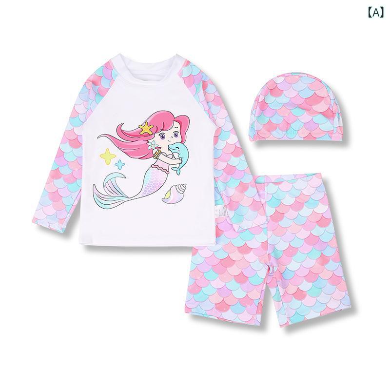 水着 女の子 子供 ガールズ キッズ マーメイド セパレート セット スイムウェア 長袖 ロングスリーブ UVカット 日焼け防止 速乾 ドライ うろこ柄 ショート丈パンツ ボトムス プール 海水浴 ポリエステル
