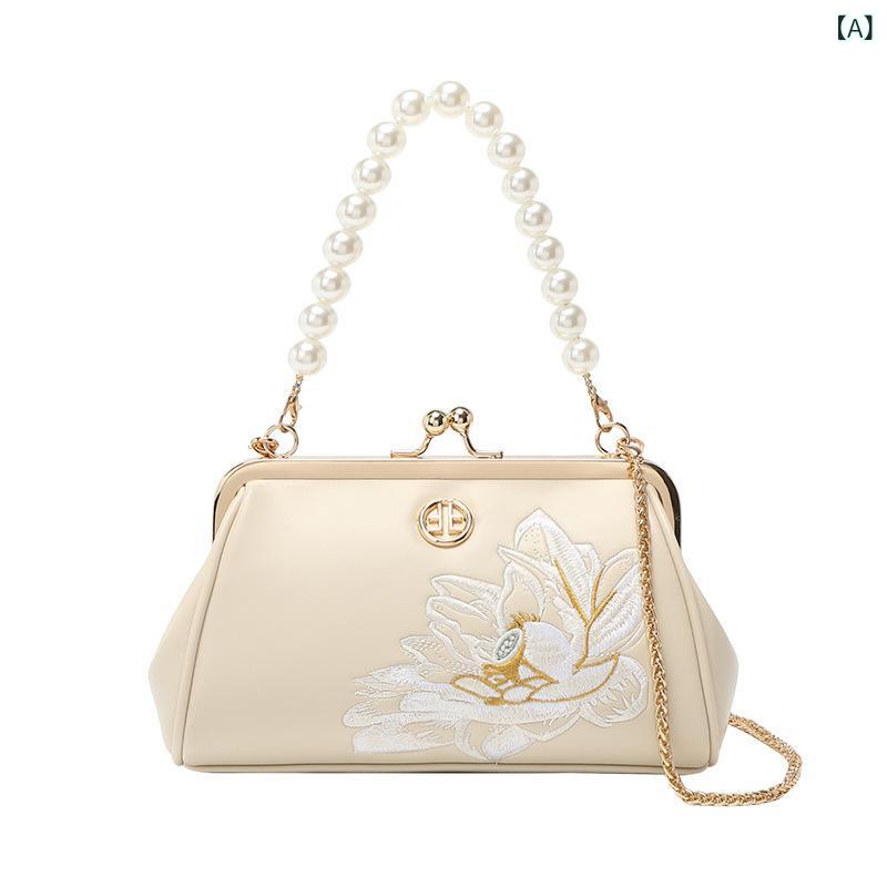 バッグ レディース 民族風 刺繍 チャイナドレス風 チェーン ミニショルダーバッグ 斜め掛け クロスボディ PUレザー 普段使い 小さめ 鞄 ホワイト系 女性用