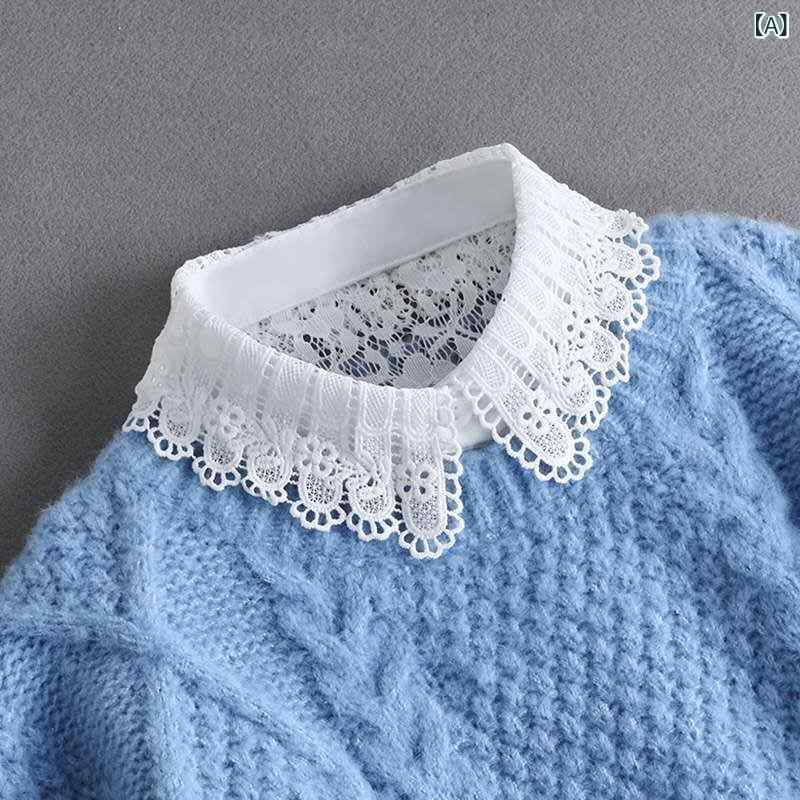 付け襟 レディース 女性用 春秋冬 レース シャツ襟 飾り襟 フェイクカラー セーター 重ね着 多機能 万能 黒 白 コーディネート アレンジ