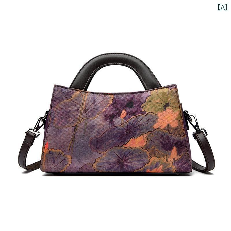 ハンドバッグ ショルダーバッグ PUレザー 中華風 水墨画柄 雲紗風 チャイナドレス風 レトロ クラシック スクエア型 横長 普段使い デイリーユース ポケット付き 収納充実 柔らか素材 コンパクト