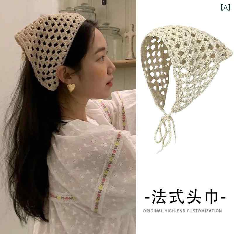 ヘッドスカーフ レディース 女性用 レース スカーフ フレンチ ニット ヘアバンド 三角巾 ターバン 髪飾り 春夏 透かし編み リボン ヒョウ柄 ベージュ ホワイト ピンク