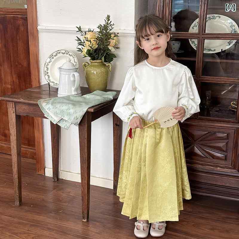 セットアップ キッズ 子供 ユニセックス 新中華風 サテン ジャカード ベスト ジレ 長袖シャツ ブラウス 馬面スカート 3点セット 春夏 ポリエステル かわいい 柔らかい 光沢感