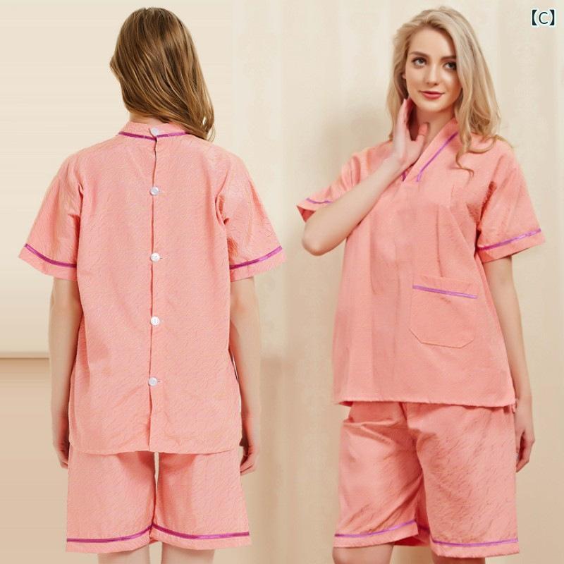 サウナウェア レディース 女性用 背中開き ホテル 美容サロン SPA エステ リラクゼーション 施術着 足湯 ゲスト用 綿 コットン 上下セット ショートパンツ 五分袖 厚手 高級感 ルームウェア バスローブ 3