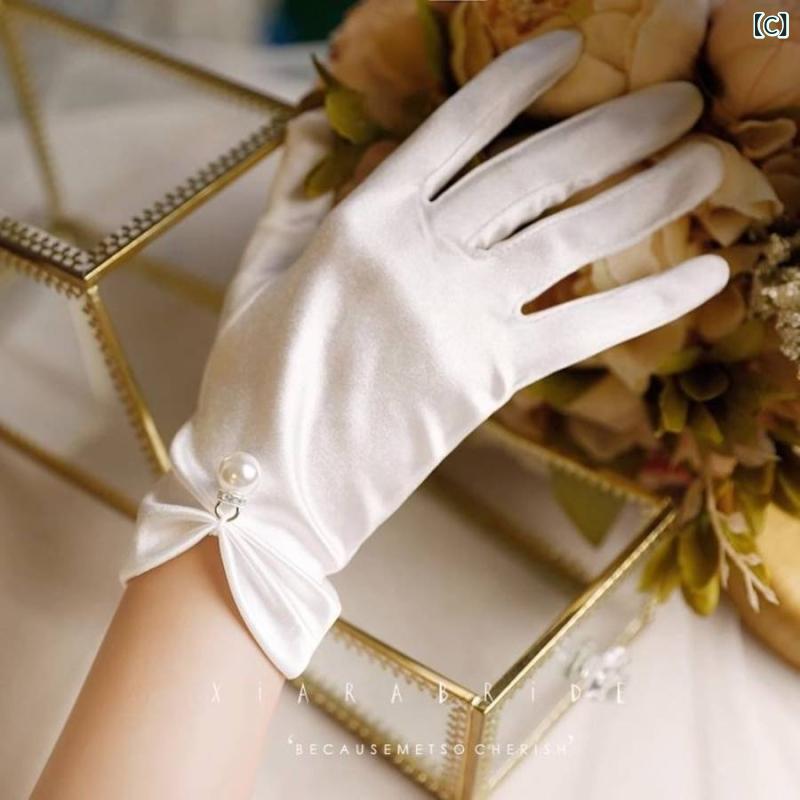 ウェディンググローブ レディース 白 サテン リボン レース ショート丈 結婚式 披露宴 挙式 フォーマル ブライダル エレガント ポリエステル 写真撮影 アクセサリー