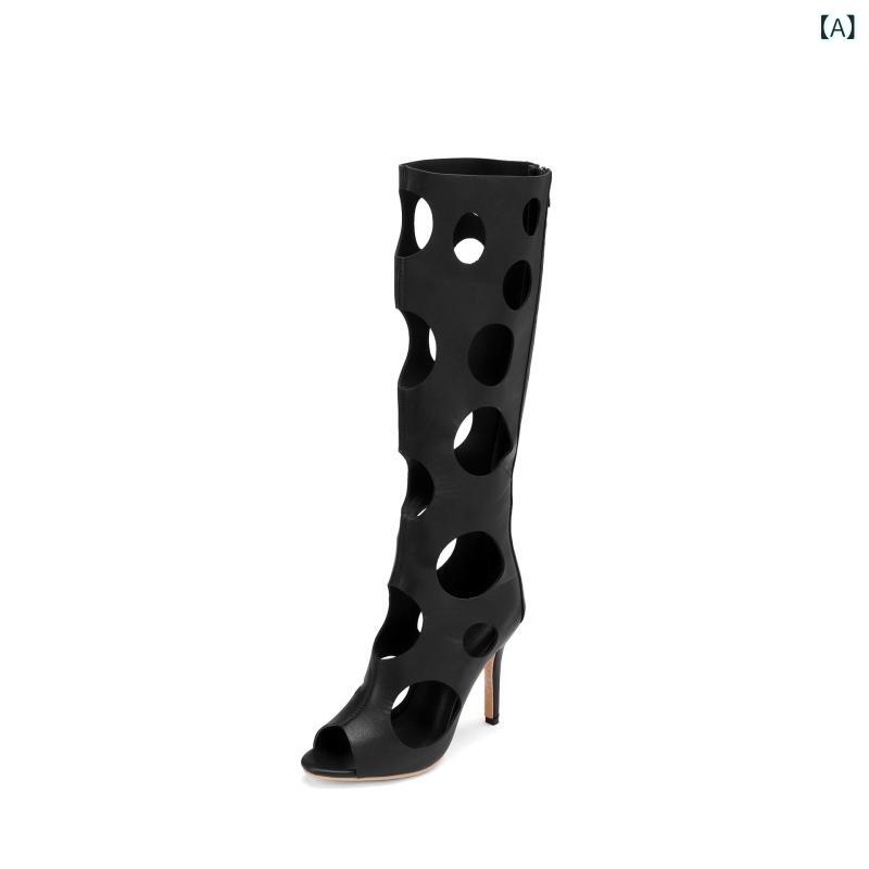 Sandal Boots - サマーブーツ レディース 女性用 セクシー 細ヒール ピンヒール オープントゥ ハイカット ロング丈 通気性 PUレザー 合成皮革 ブラック ホワイト シルバー エレガント フェミニン 春夏