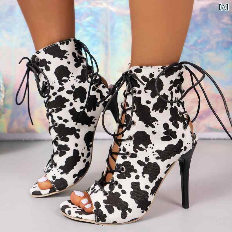サンダル レディース 女性用 欧米風 レースアップ 編み上げ オープントゥ カットアウト ヒョウ柄 超高ヒール ピンヒール 厚底 布地 大きいサイズ 春夏 ブラック ホワイト(x2)