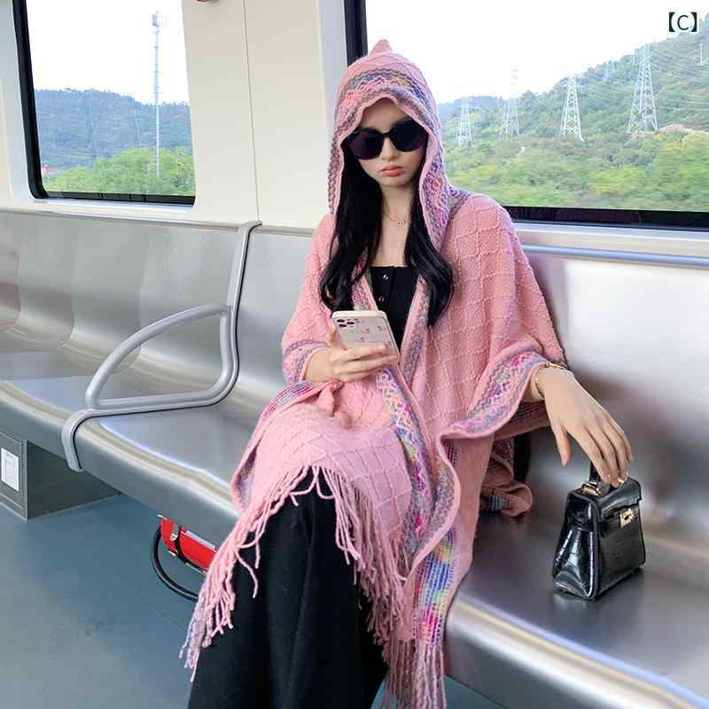 ポンチョ レディース エスニック フード付き カラフル フリンジ ひし形柄 ニット ショール ケープ ストール アウター プルオーバー 旅行 保温 オールシーズン レッド ホワイト ピンク イエロー ブラック