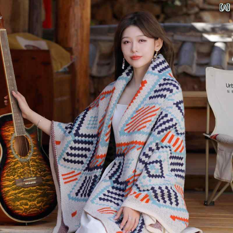 ショール レディース ボヘミアン柄 大判 ニット フリンジ ポンチョ ストール アクリル 秋冬 2WAY ブランケット 保温 冷房対策 旅行 撮影用(x2)