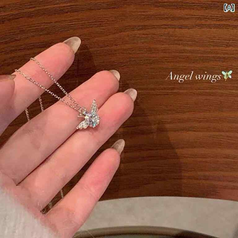 ネックレス レディース チタン鋼製 色落ちしにくい 王冠 天使の羽 チャーム ジルコニア ショート 鎖骨..