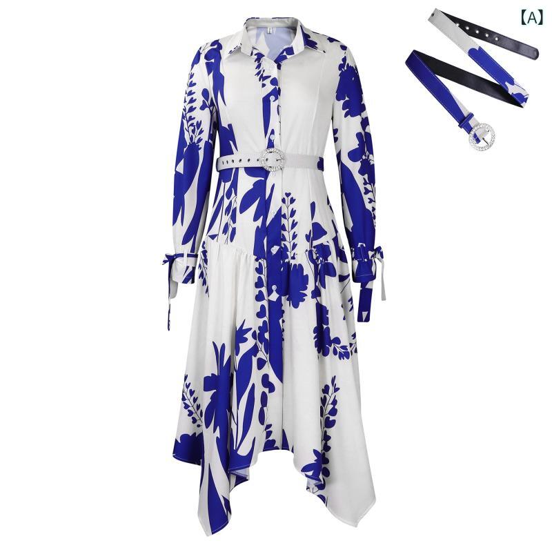 ワンピース レディース 大きいサイズ エレガント きれいめ 花柄 プリント アシンメトリー 襟付き Aライン ロング丈 ハイウエスト 長袖 ベルト付き ポリエステル 春夏 通勤 オフィス 普段使い ベージュ ピンク