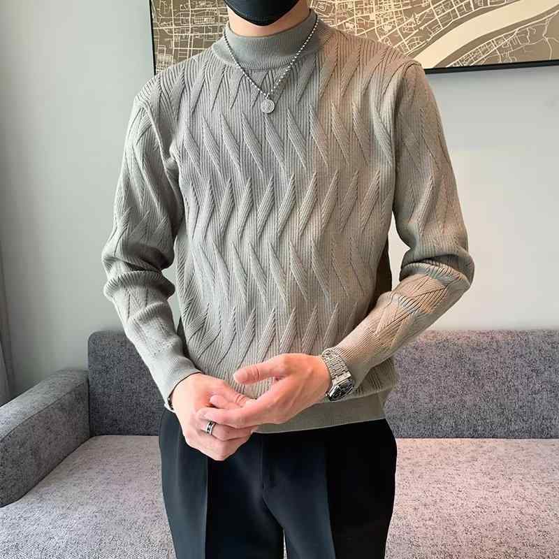 ニット メンズ モックネック ハイネック セーター スリムフィット 秋冬 リネン素材 ストライプ柄 暖かい 防寒 インナー トップス 韓国ファッション トレンド 着回し カジュアル 薄手 通気性(x2)