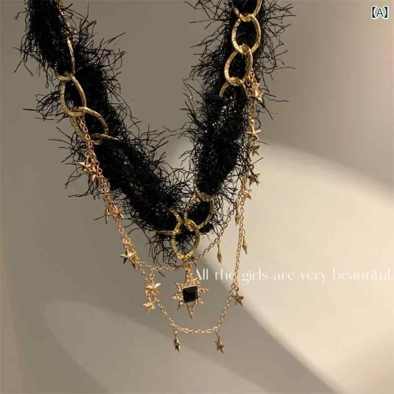 ネックレス チョーカー 男女兼用 秋冬 ファー フリンジ 星 ブラック 鎖骨 ライトラグジュアリー 個性的なデザイン 高級感 万能 甘辛スタイル デイリー 首飾り