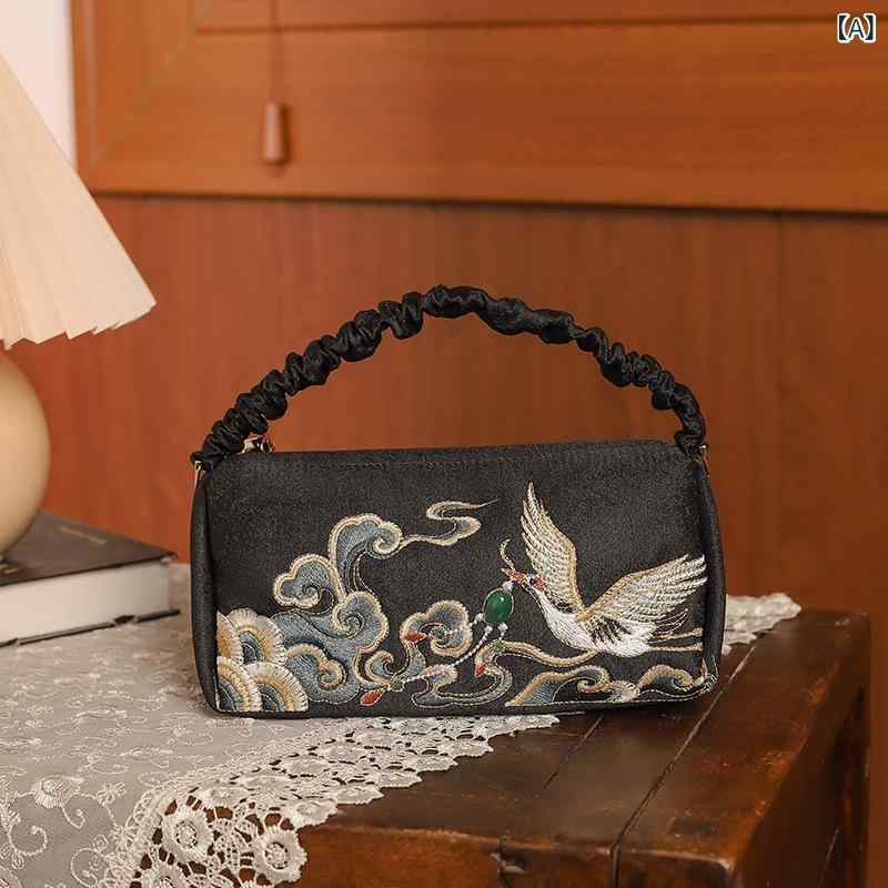 バッグ レディース ブラック 刺繍 レトロ チャイナ風 パーティー クラッチバッグ ショルダーバッグ ミニ スクエア型 コインケース ファスナー ロック チェーンストラップ ポリエステル 普段使い デイリーユース