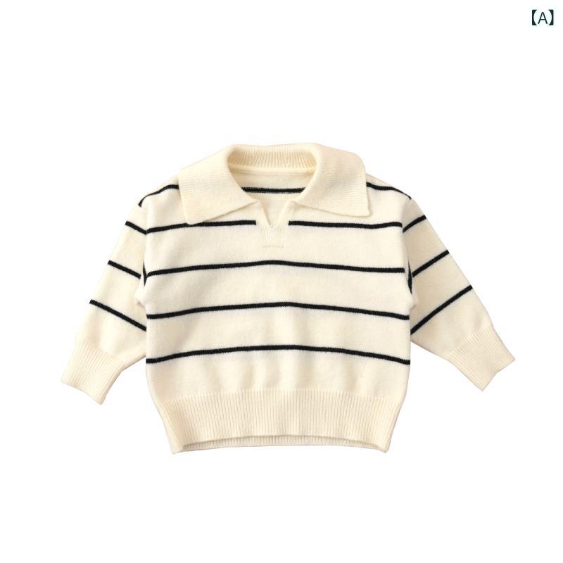 キッズ 男の子 男児 ポロ襟 ニット セーター プルオーバー ストライプ ボーダー アクリル 秋冬 長袖 韓国風 英国風 おしゃれ 暖かい 防寒 普段使い 通学 通園 トップス アイボリー 栗色