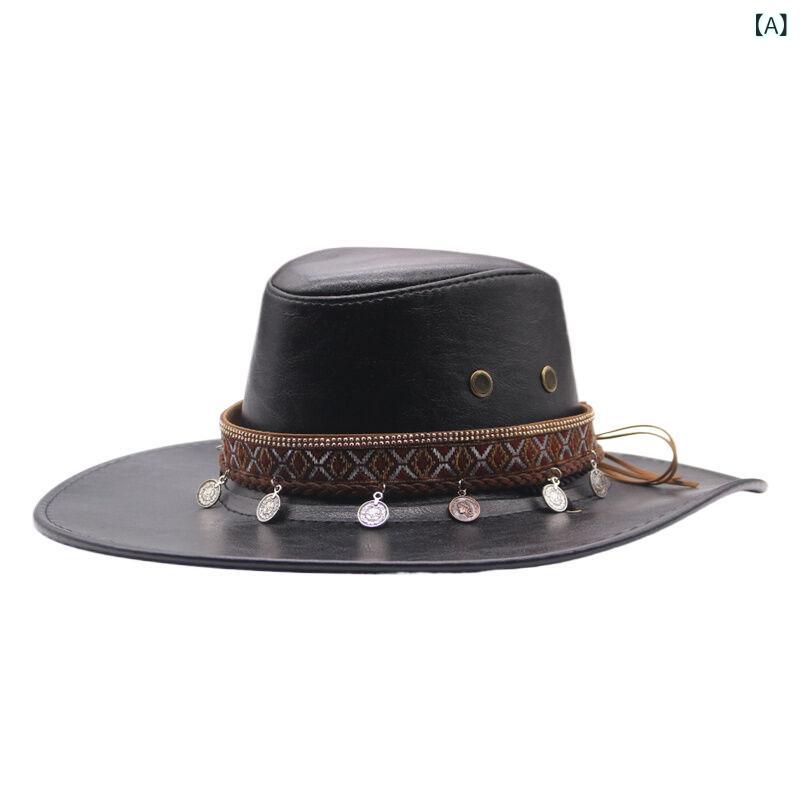 ハット 男女兼用 アメリカン ウェスタン カウボーイハット ベルト装飾 つば広 ラウンドトップ アウトドア レジャー 旅行 乗馬 普段使い 紫外線対策 日よけ 通気性 防風 ポリエステル ブラック カーキ ワインレッド コーヒー(x2)