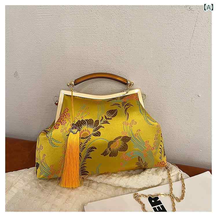 Rakuten - ハンドバッグ レディース 宋錦 シルク 中国風 バンブーハンドル 貝殻型 刺繡 レトロ 個性的 エレガント 上品 手提げ 鞄 ゴールド ブラック ベージュ ピンク 春夏 日常使い お出かけ