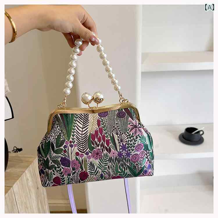 バッグ レディース チャイナ風 レトロ エレガント ハンドバッグ ショルダーバッグ クロスボディ 合皮 刺繍 チェーン ロック金具 シェル型 チャイナドレスコーデ 普段使い デイリーユース 多色展開 春夏