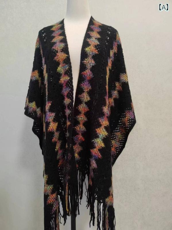 ショール レディース 女性用 春秋 カラフル 菱形 エスニック風 スリット 透かし編み ニット ストール ..