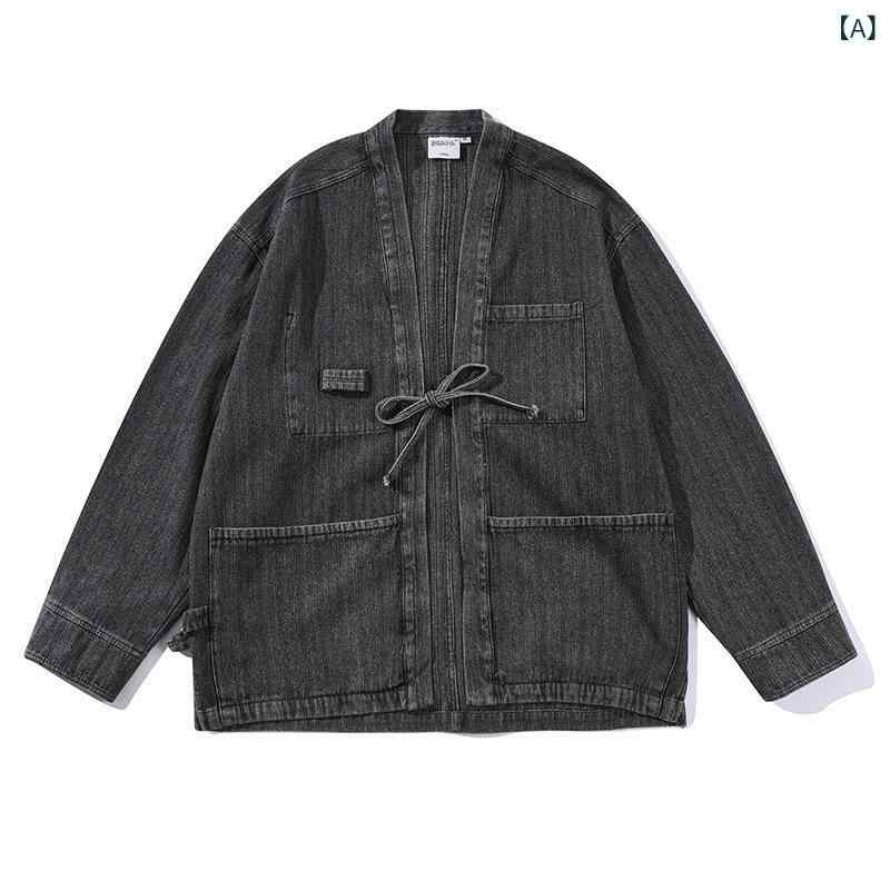 Other - ジャケット メンズ ウォッシュド デニム ブルゾン 新中華風 道着風 羽織り レトロ アメカジ ストリート 春夏 コットン ノーカラー ゆったり 長袖 多ポケット ブラック ブルー アウター