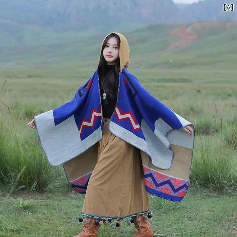 ポンチョ レディース フード付き ショール ケープ アウター 羽織り フェイクカシミヤ 保温 民族調 レト..