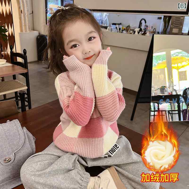 セーター 女の子 キッズ 裏起毛 厚手 長袖 プルオーバー チェック柄 かわいい ラウンドネック 綿混 柔らか素材 秋冬 子供服 普段使い 通園 通学 トップス