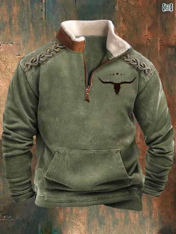 ジャケット メンズ ファー襟 ハーフジップ 長袖 プリント カジュアル ブルゾン 春秋 薄手 ストレートヘム パッチポケット ゆったりシルエット ポリエステル混紡 耐摩耗性 普段使い ストリート タウンユース