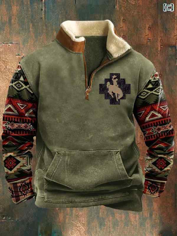 ジャケット メンズ ファー襟 ハーフジップ 長袖 プリント カジュアル ブルゾン 春秋 薄手 ストレートヘム パッチポケット ゆったりシルエット ポリエステル混紡 耐摩耗性 普段使い ストリート タウンユース