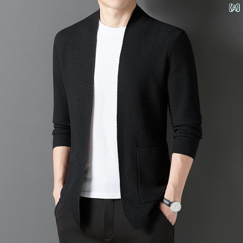 ニット メンズ スタンドカラーカーディガン 長袖 ミドル丈 スリムフィット ウールブレンド 通気性 春秋 カジュアル ビジカジ 通勤 普段使い 羽織り アウター ブラック グレー ブルー グリーン ベージュ