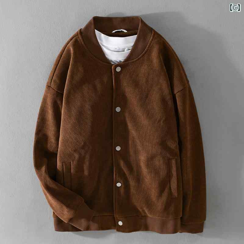 ジャケット メンズ 秋冬 コーデュロイ 綿 スタンドカラー ゆったり シングルブレスト アウター ブルゾン カジュアル 普段使い 着回し おしゃれ 無地 リブ裾 サイドポケット ブラック ダークグレー ブラウン アイボリー