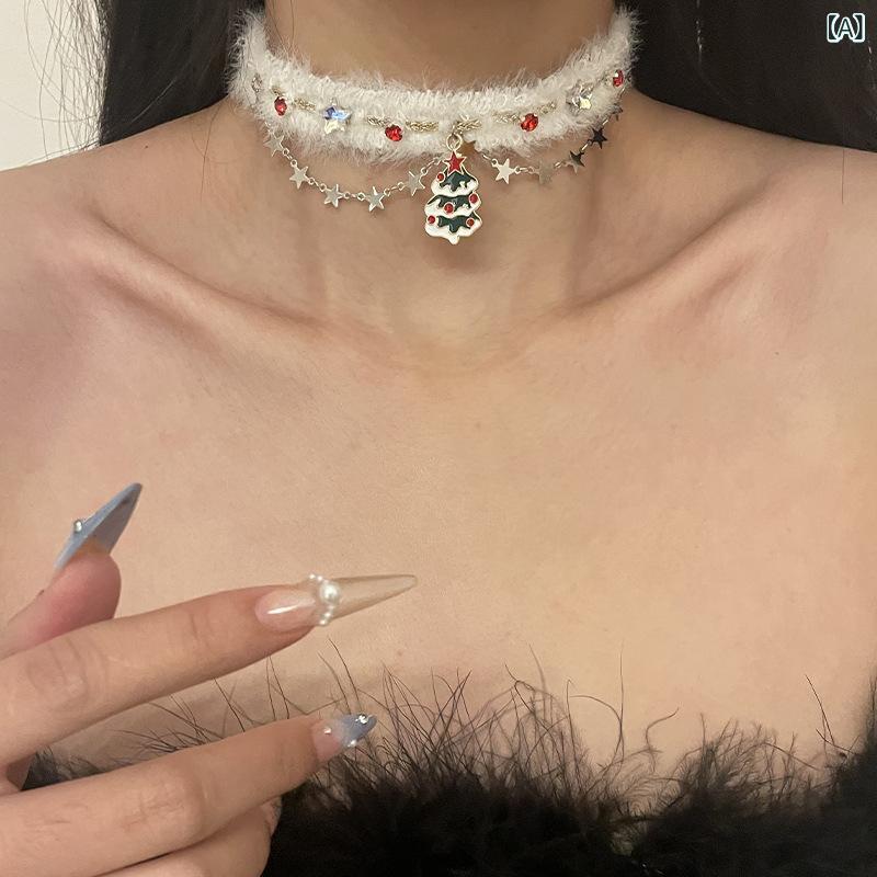 ネックレス レディース クリスマスツリー 星 ホワイト ファー もこもこ 上品 エレガント 高級感 個性的 チョーカー 鎖骨ネックレス 合金 秋冬 クリスマスアクセサリー