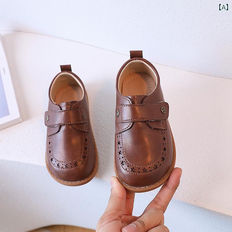 キッズシューズ 男女兼用 秋冬 本革 革靴 ソフトソール 滑り止め マジックテープ レザー切り替え 無地 ブリティッシュ 韓国風 通園 お出かけ ライトブラウン アイボリー