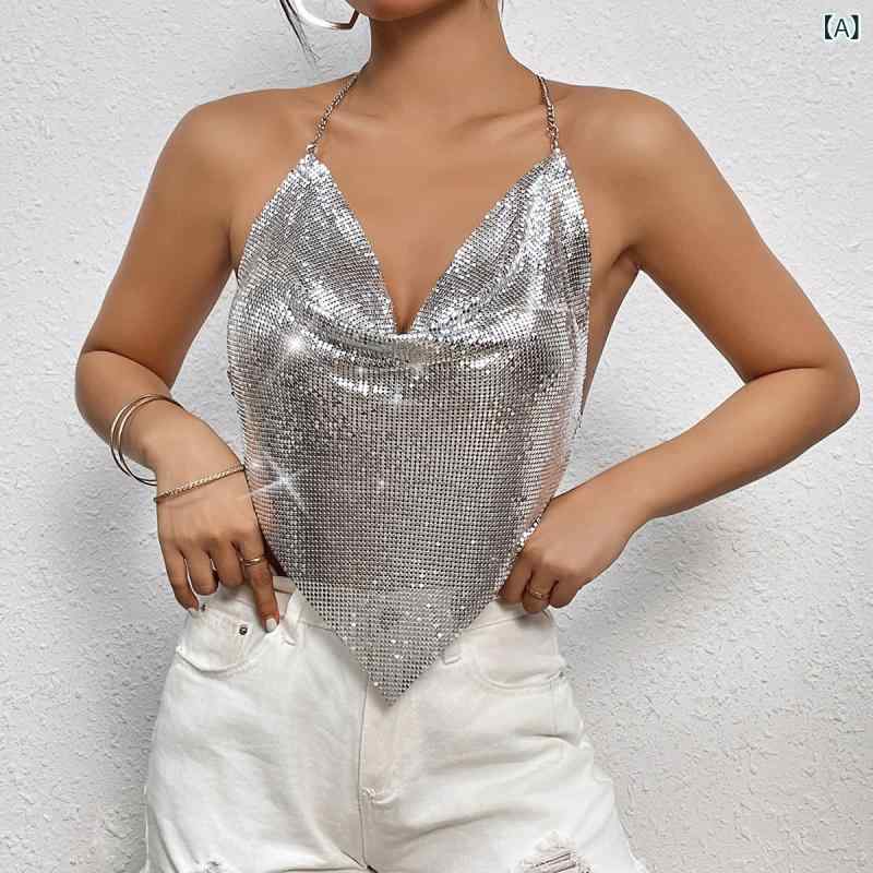 Other - トップス レディース ホルターネック ベアトップ ショート丈 スリムフィット スパンコール メタル チェーン 背中開き セクシー 欧米風 ストリート 秋冬 シルバー ブラック ゴールド