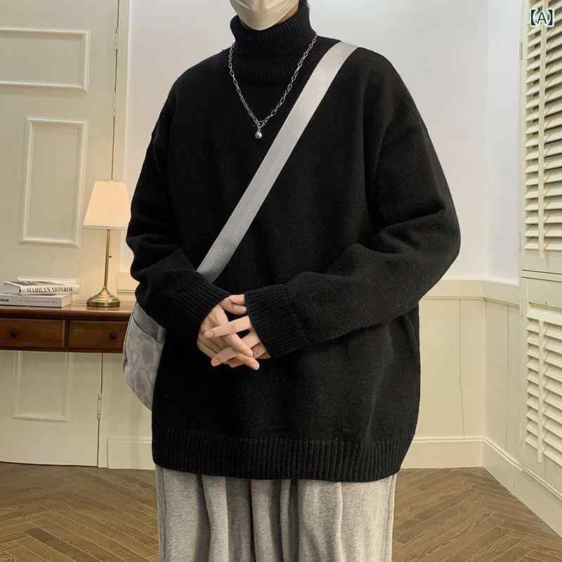 ニット メンズ ハイネック プルオーバー 長袖 秋冬 高級感 リラックス オーバーサイズ カジュアル インナー 普段使い 厚手 ミドル丈 ポリエステル ブラック ホワイト