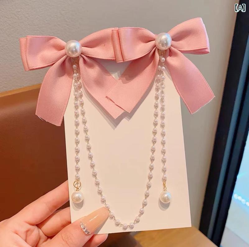 ヘアクリップ 女の子 キッズ パール チェーン リボン タッセル サイドクリップ 髪飾り 髪留め プリンセス ハンドメイド 韓国風 かわいい 上品 フェミニン 発表会 パーティー お出かけ(x2)