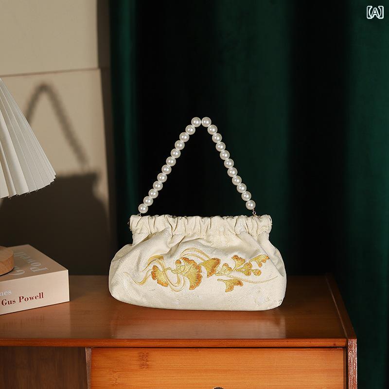 バッグ ブラック 刺繡 パール チャイナドレス風 スクエアバッグ 上品 パーティー フォーマル 普段使い チェーン ロック金具 手提げ鞄 ポリエステル 秋冬