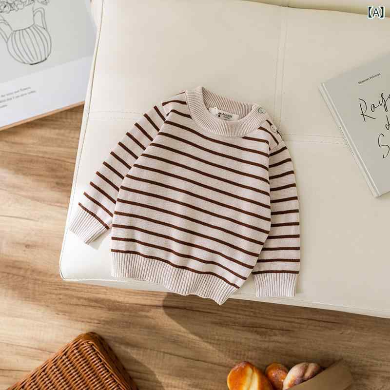 ・性別: 男女兼用 ・スタイル: 韓国風 ・対象年齢: 新生児 (0〜1歳、80cm以下) ・厚さ: 普通 ・袖丈: 長袖 ・留め具: プルオーバー ・主な素材: 綿95% ・安全基準: Aクラス ・カラー展開: キャラメルストライプ、ブラックストライプ、ドット ・サイズ展開: 66cm、73cm、80cm、90cm ・カテゴリ: 子供用セーター
