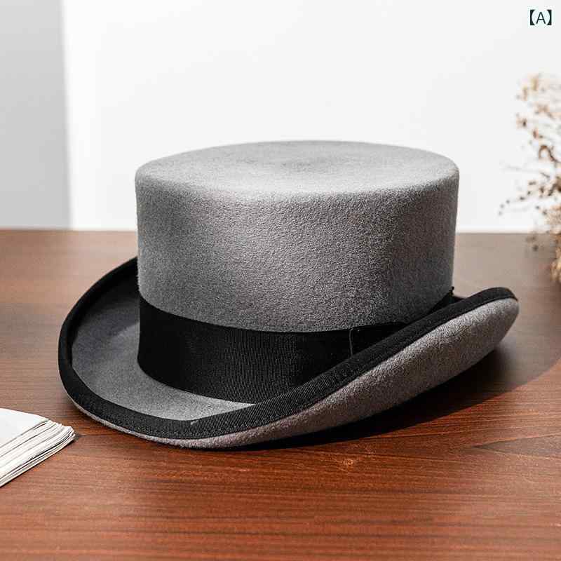 帽子 メンズ 男性 羊毛 ウール フェルト素材 ワイドブリム 広つば 平天面 ブラック 黒 乗馬風 ブリティ..