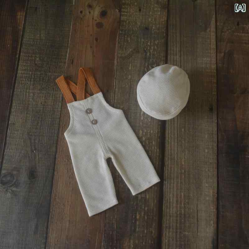 ロンパース 新生児 ベビー 男の子 女の子 ニューボーンフォト 撮影 衣装 サロペット 帽子 キャップ セット ポリエステル コットン混紡 長袖 かわいい ナチュラルカラー 記念撮影 お祝い 通年 海外向け