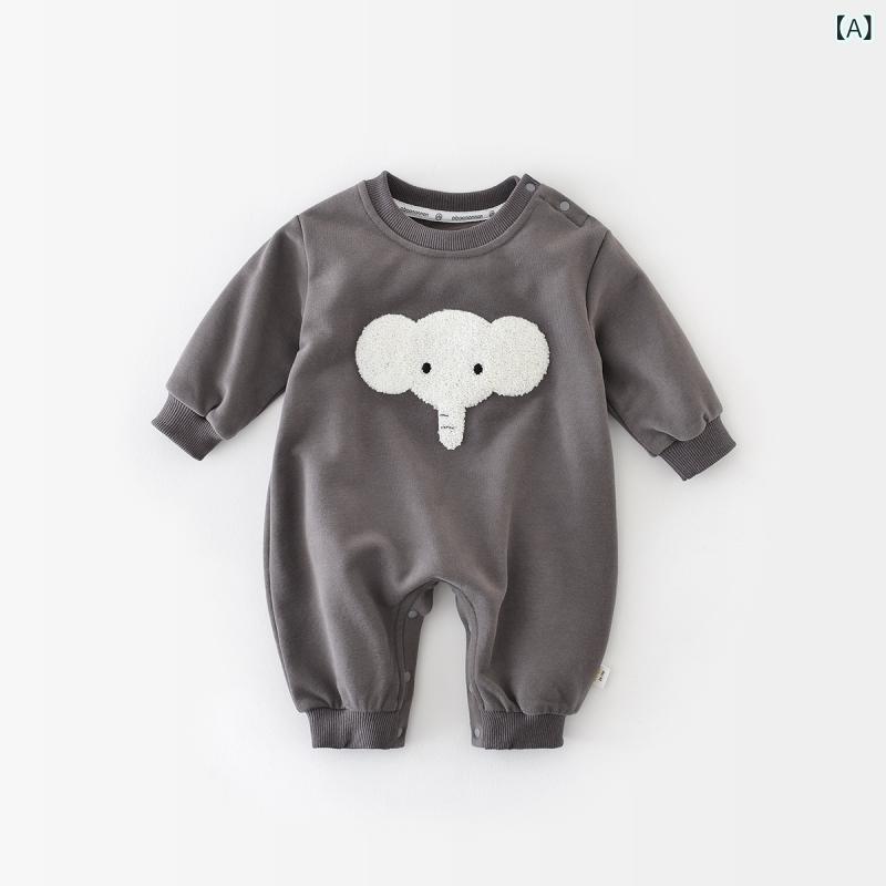 ・カテゴリ: ロンパース・性別: ユニセックス・主な素材: 綿83.7%・対象年齢: 乳幼児（1～3歳）・袖丈: 長袖・厚さ: 普通・開閉タイプ: プルオーバー・スタイル: 韓国風・カラー: ダークグレー・サイズ展開: 66cm、73cm、80cm、90cm・安全基準: A種